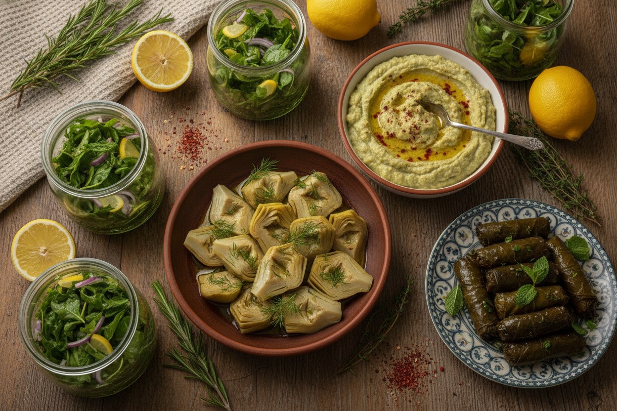 Ahşap masada dizili taze zeytinyağlı mezeler; enginar, fava, yaprak sarma ve semizotu